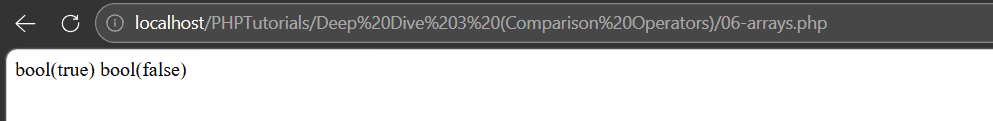 PHP comparison operators on arrays showing loose equals true and strict equals false when the key order differs