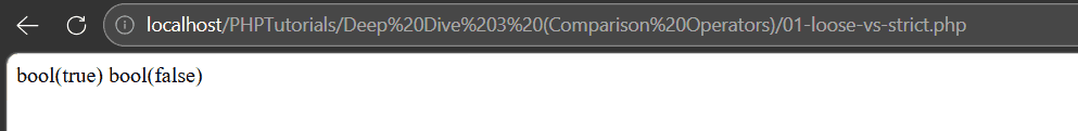 PHP comparison operators output showing loose equals true and strict equals false for 10 and the string 10