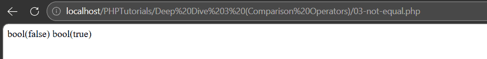 PHP comparison operators output showing not equal false and not identical true for the same two values
