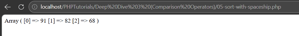 PHP comparison operators used in usort, sorting marks 91, 82 and 68 highest first