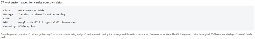 php exceptions output showing a custom DatabaseUnavailable class with code 503 and its previous PDOException
