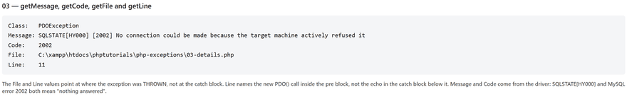 php exceptions output showing the class, message, code, file and line read from the caught object