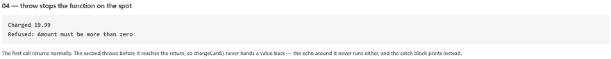 php exceptions output showing a successful charge above a refused amount caught from throw