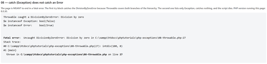 php exceptions output showing bool false for instanceof Exception and a fatal DivisionByZeroError below