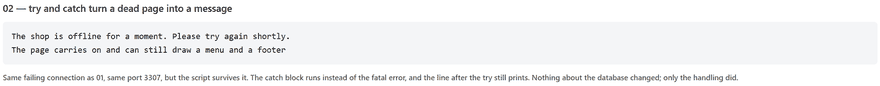 php exceptions output showing a catch block message where the fatal error used to be