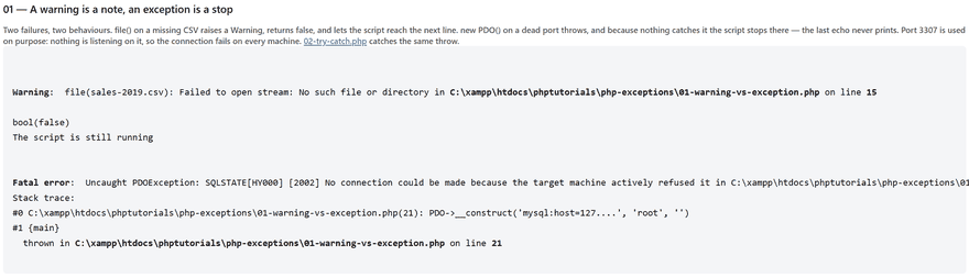php exceptions output showing a warning followed by bool false, then an uncaught PDOException fatal error