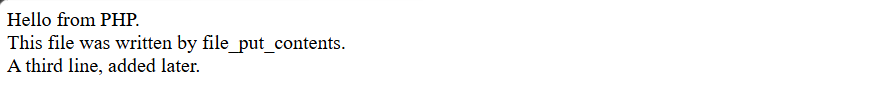 PHP file handling output showing a third line appended with FILE_APPEND
