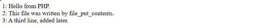 PHP file handling output reading notes.txt line by line and numbering each with fgets