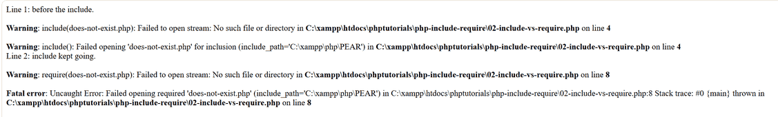 PHP include warning versus require fatal error output in the browser