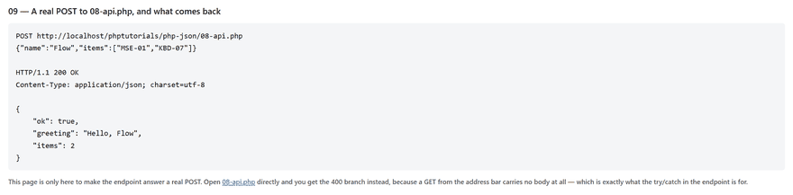 php json output showing a posted body, a 200 response with an application json content type, and the JSON reply
