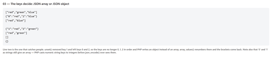 php json output showing a three item list turning into a keyed object after unset removes the middle element