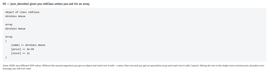php json output showing one string decoded first as a stdClass object and then as an associative array