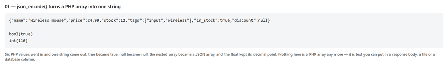 php json output showing an encoded product array on one line with true, null and a nested tags array