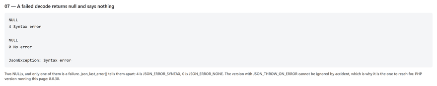 php json output showing NULL with a syntax error message and a JsonException thrown by JSON_THROW_ON_ERROR