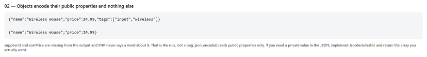 php json output showing an encoded object with the protected and private properties missing