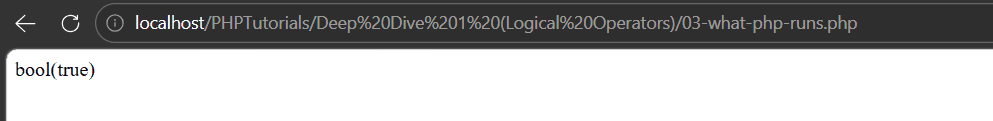PHP logical operators output proving the assignment runs before the word and, leaving the variable true