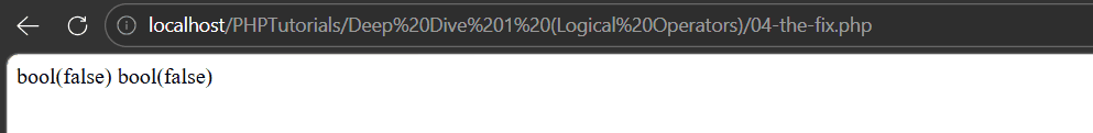 PHP logical operators output showing brackets and && both correctly returning false