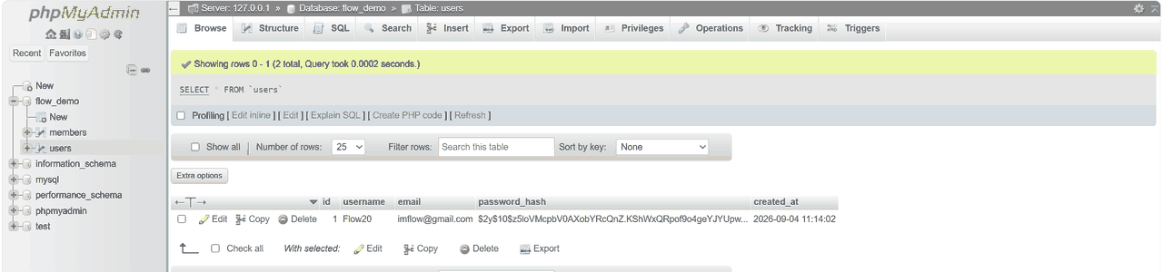 PHP login system users table in phpMyAdmin showing the bcrypt password hash