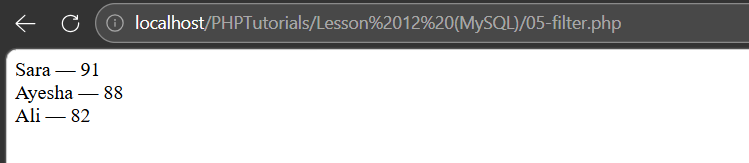 PHP MySQL filtered query output showing only students scoring 80 or above, highest first