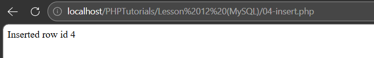 PHP MySQL prepared statement insert output showing the new row id returned by lastInsertId