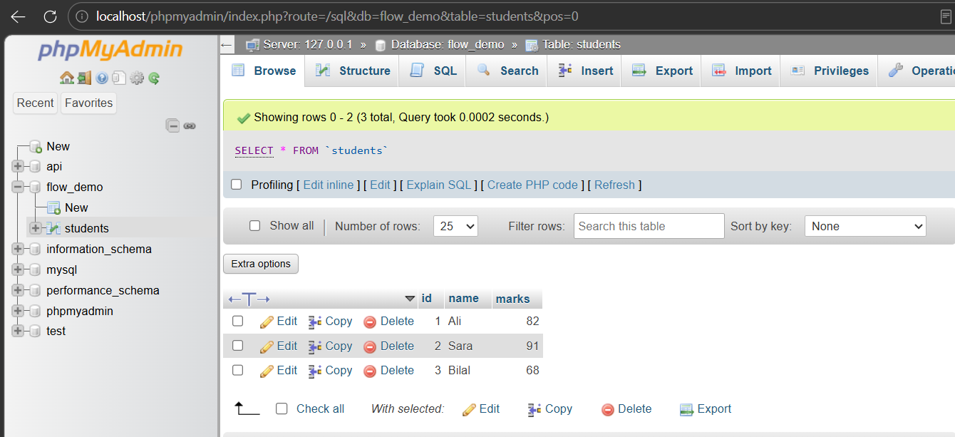 PHP MySQL setup: the students table in phpMyAdmin with three rows for Ali, Sara and Bilal