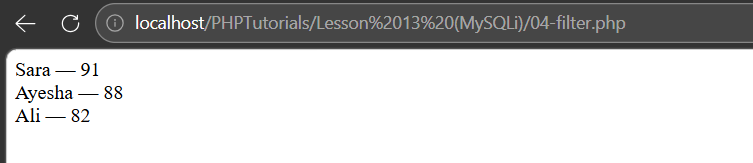 PHP MySQLi filtered query output showing only students scoring 80 or above, highest first