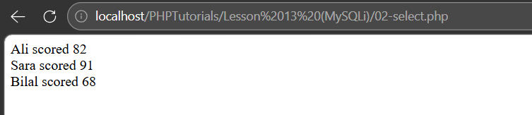 PHP MySQLi select output listing each student and their marks using mysqli_fetch_assoc
