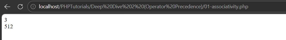 PHP operator precedence output showing 3 from left associative subtraction and 512 from right associative exponents