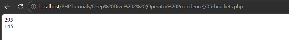 PHP operator precedence output showing 295 without brackets and 145 with brackets on the same numbers