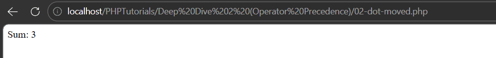 PHP operator precedence output printing Sum: 3 because the dot now ranks below plus in PHP 8
