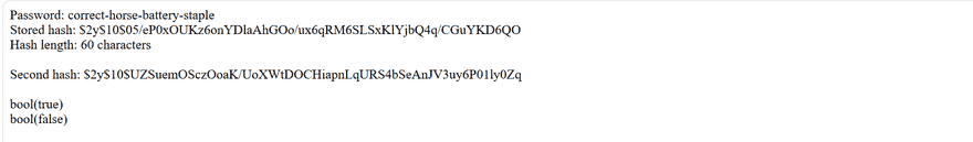 PHP security output showing password_hash producing a different hash each time
