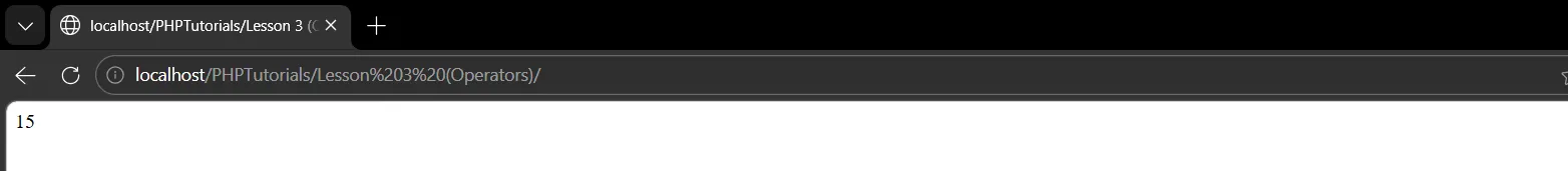 PHP operators example output showing 15 from adding 10 and 5