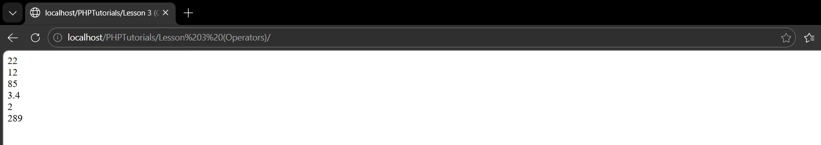 Arithmetic PHP operators output: 22, 12, 85, 3.4, 2 and 289