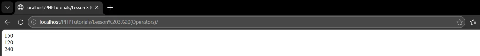 PHP assignment operators output showing 150, 120 and 240
