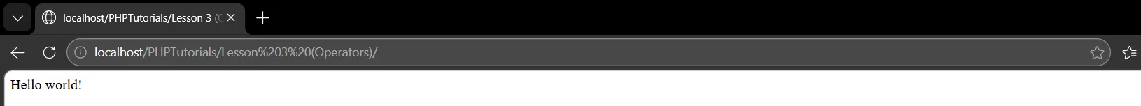 PHP concatenation assignment operator output showing Hello world!