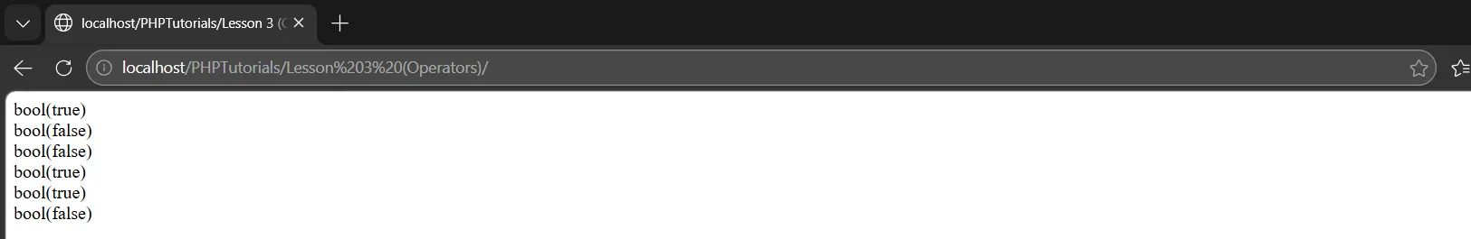 Comparison PHP operators output showing loose == true and strict === false