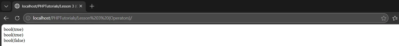 Logical PHP operators output showing true, true and false
