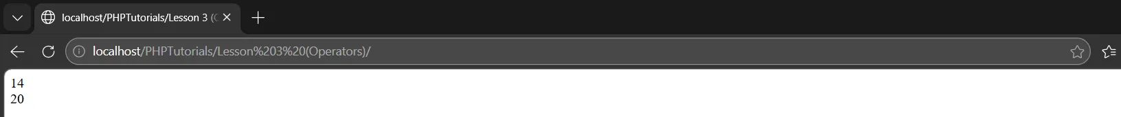 PHP operator precedence output showing 14 and 20