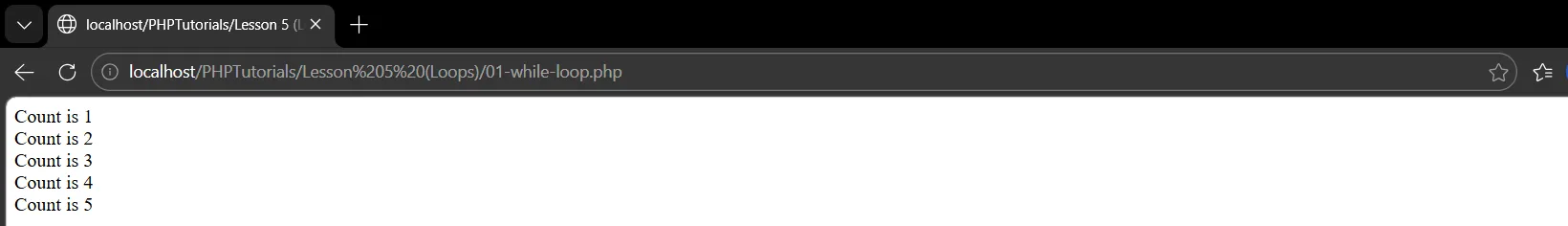 PHP loops output: a while loop printing Count is 1 through Count is 5