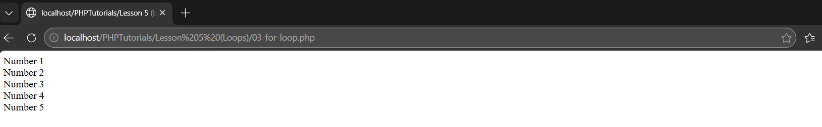 PHP for loop output printing Number 1 through Number 5