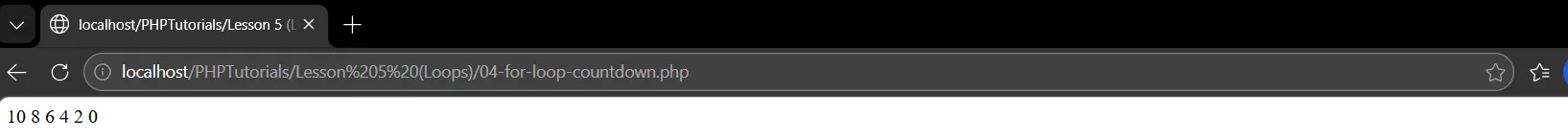 PHP for loop counting down in steps of two, printing 10 8 6 4 2 0