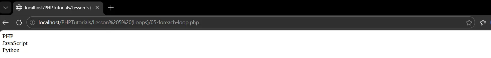 PHP foreach loop output listing PHP, JavaScript and Python on separate lines