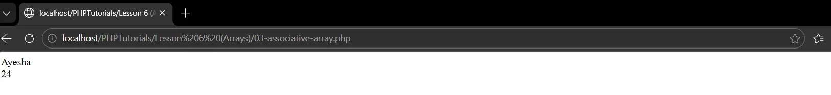Associative PHP arrays output printing the name Ayesha and the age 24