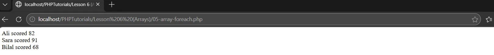 Looping PHP arrays with foreach: Ali scored 82, Sara scored 91, Bilal scored 68