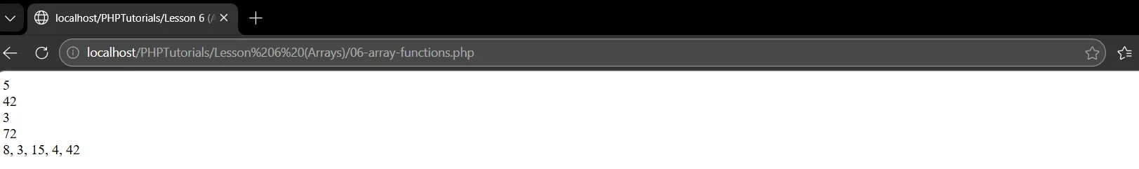 PHP arrays functions output: count 5, max 42, min 3, sum 72 and the imploded list