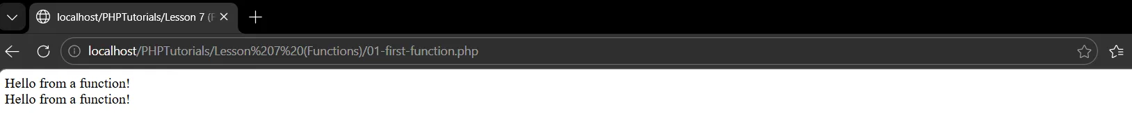 PHP functions output: calling sayHello twice prints Hello from a function on two lines