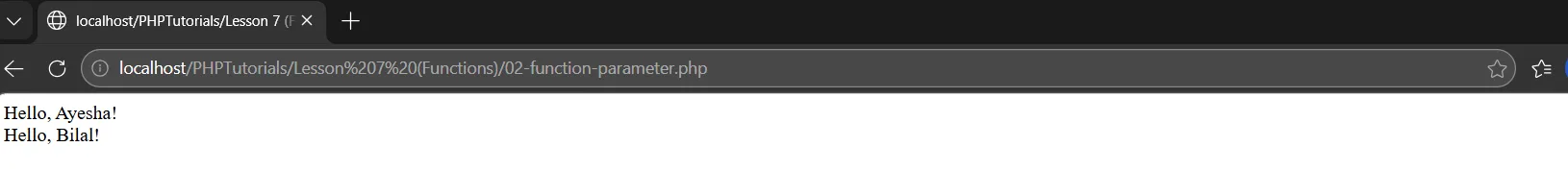PHP functions with a parameter printing Hello, Ayesha and Hello, Bilal