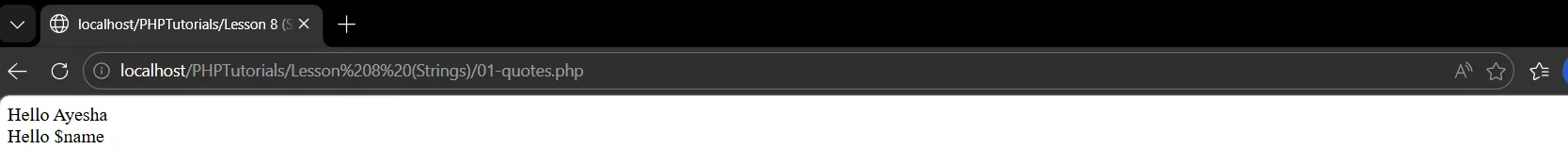 PHP strings output: double quotes print Hello Ayesha while single quotes print Hello $name