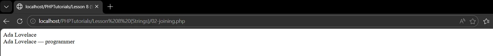 Joining PHP strings with the dot operator to print Ada Lovelace, then appending with .=