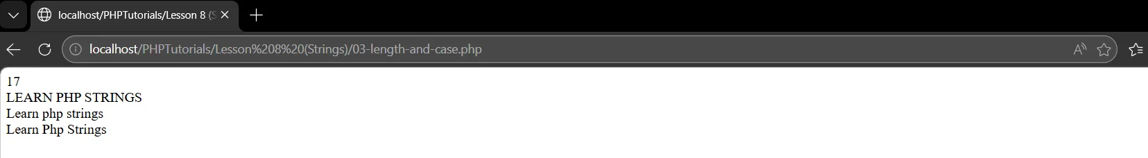 PHP strings length and case output: strlen 17, then strtoupper, ucfirst and ucwords results